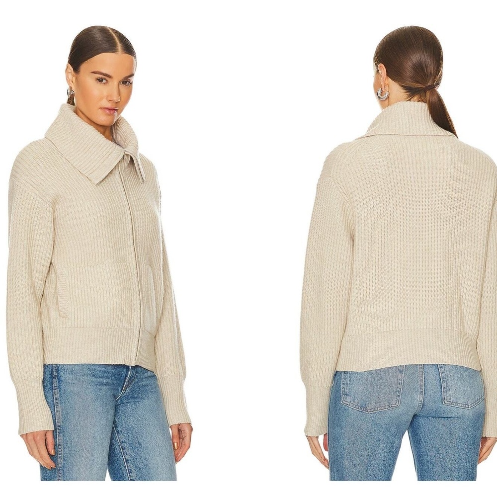 White & Warren Revolve Zip Up Jacket  Wool Casual Zip Up Crop Boho Beige Small